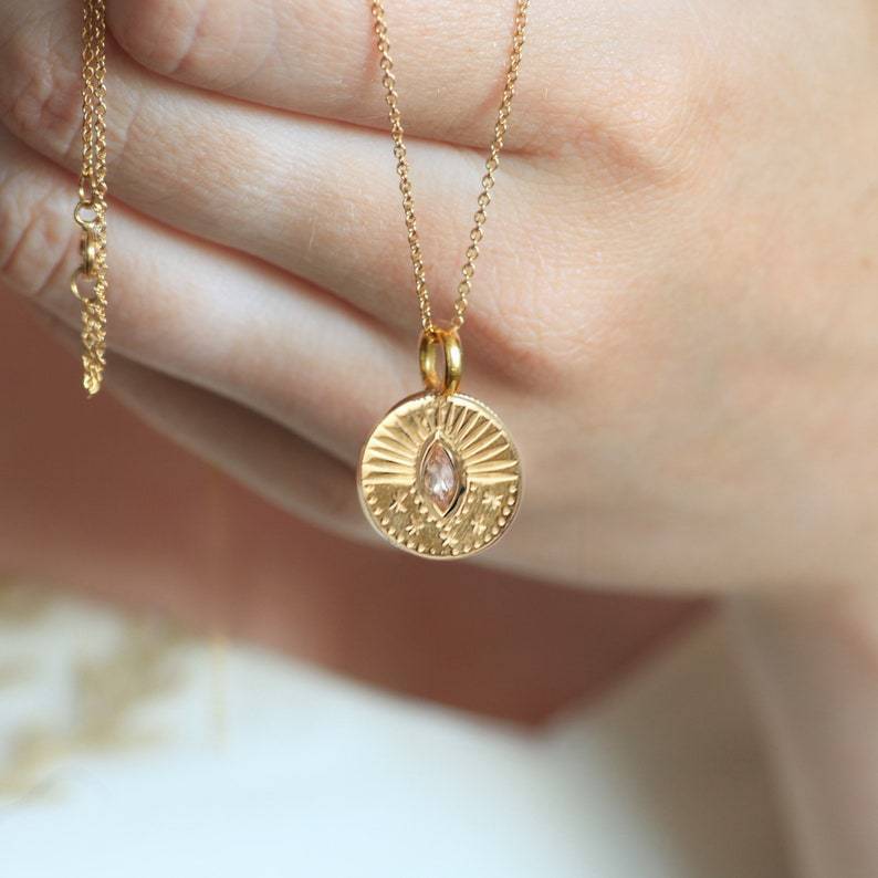 Three-dimensional Sun Moon Round Coin Zircon Necklace